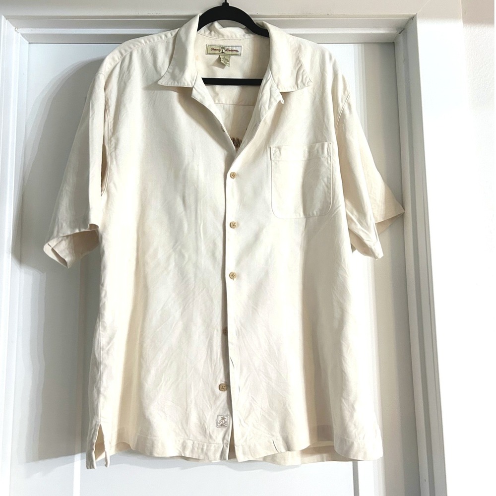 Tommy Bahama Mens Large Silk Shirt Cream If Looks Could Grill Flamingo BBQ Large